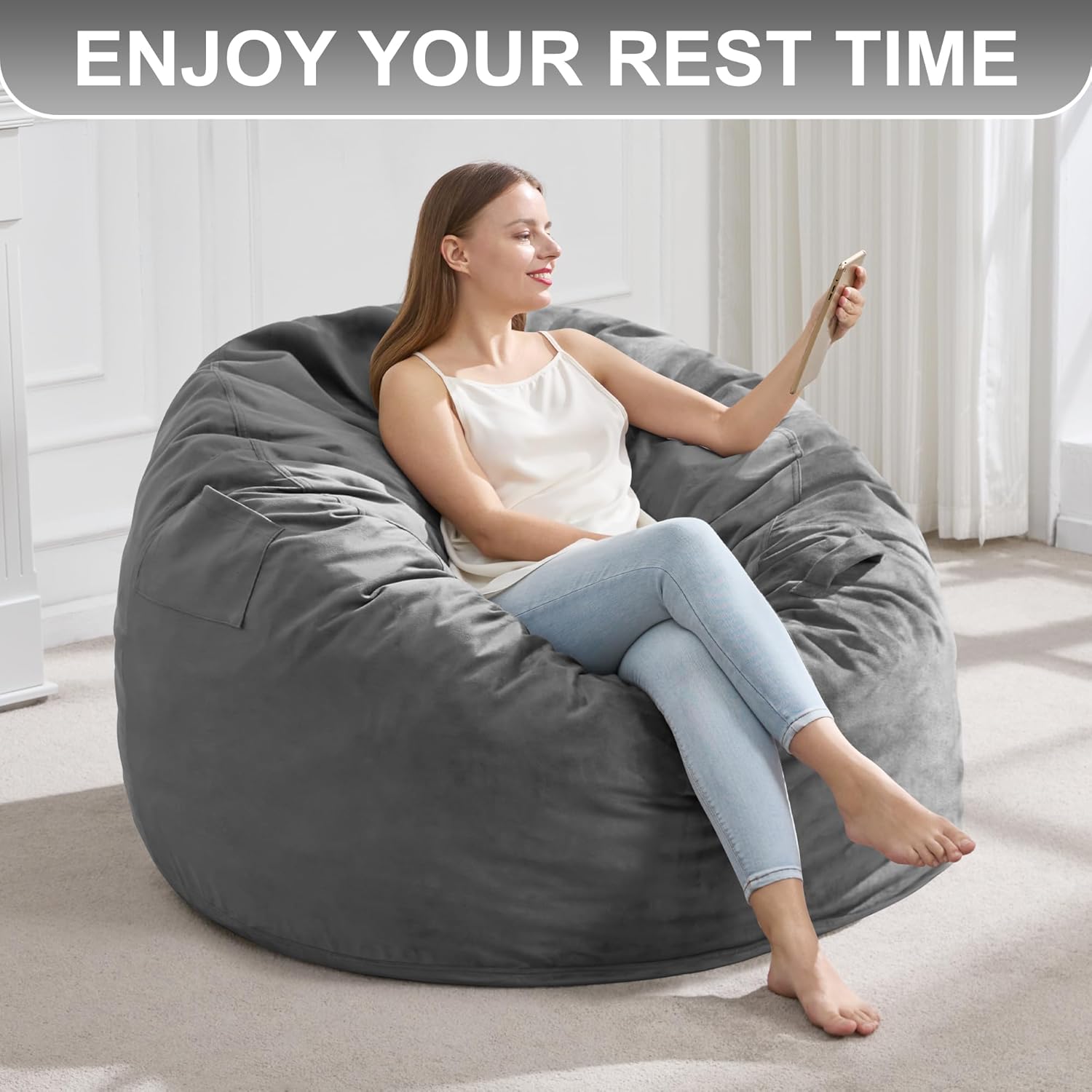 Hobestluk 3FT Bean Bag Chair Giant Bean Bag Chairs for Adults Large Bean Chairs with Removable Cover, Beanbag Chair with Filler, Adult Bean Bag Chairs for Living Room, Bedroom